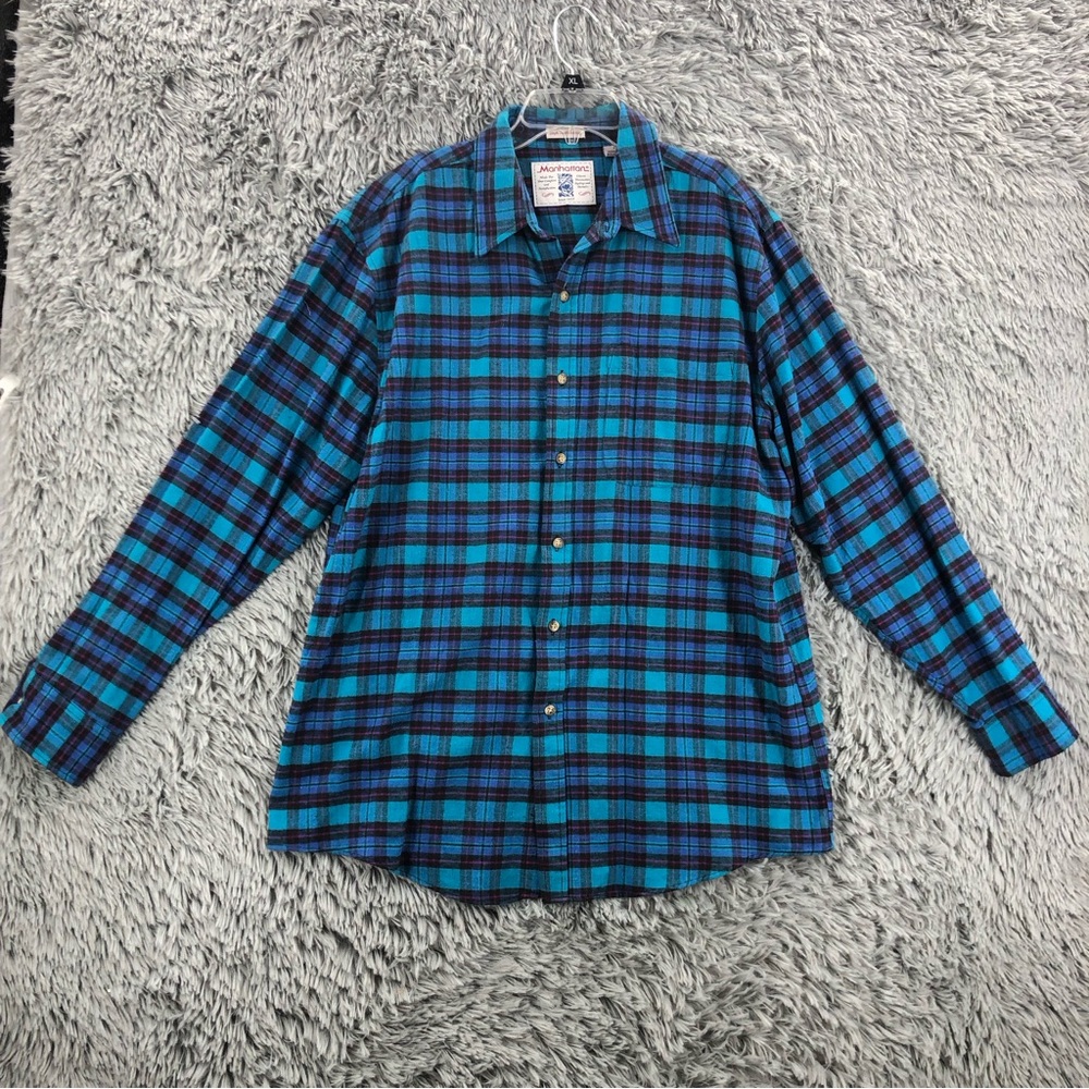Manhattan Shirt Vintage Mens Large Flannel Plaid Pocket Long Sleeve Button Up